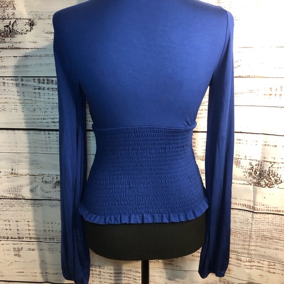 Blue Long Sleeve Blouse with Tie Front Ruffles and Smocked Waist - Picture 8 of 11